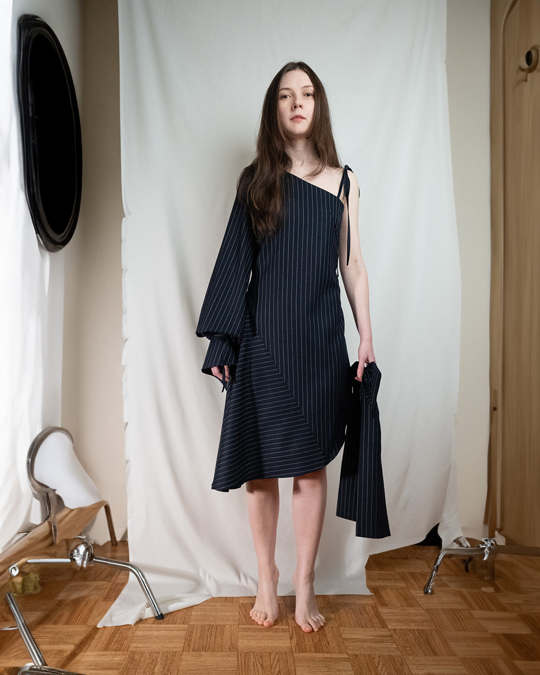 Off-Shoulder Asymmetrical Dress with Puffed Sleeves